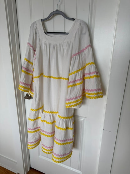 Lisa Marie Fernandez White Dress with Yellow & Pink Bric Brac Trim - Size XS