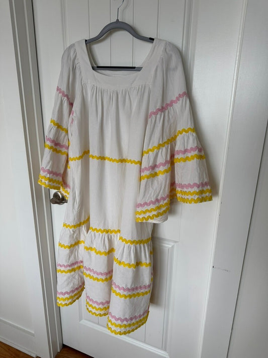 Lisa Marie Fernandez White Dress with Yellow & Pink Bric Brac Trim - Size XS