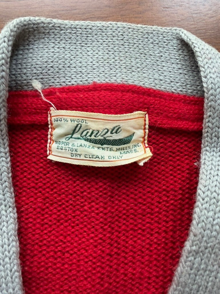 Vintage Lanza Red Wool Varsity Letterman Cardigan Sweater w/Grey Trim - Size M