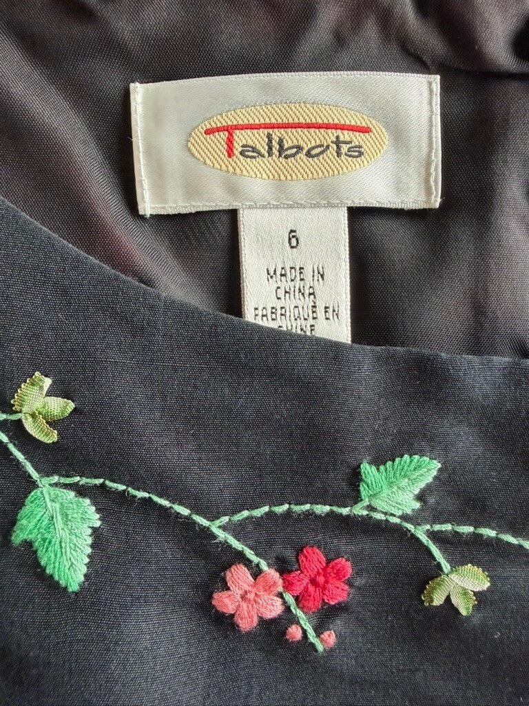 Talbots Black Silk Sleeveless Dress with Embroidered Floral Detail - Size 6