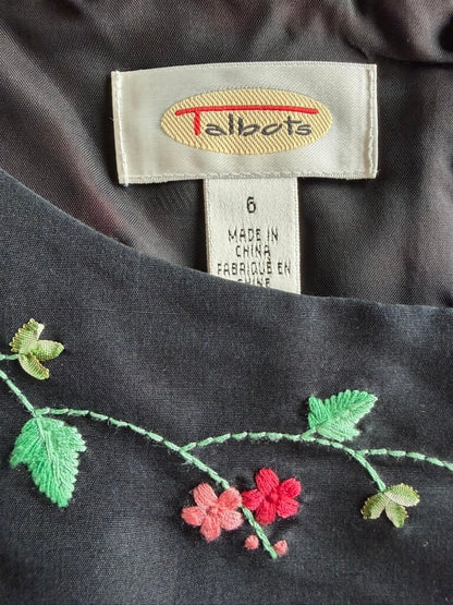 Talbots Black Silk Sleeveless Dress with Embroidered Floral Detail - Size 6