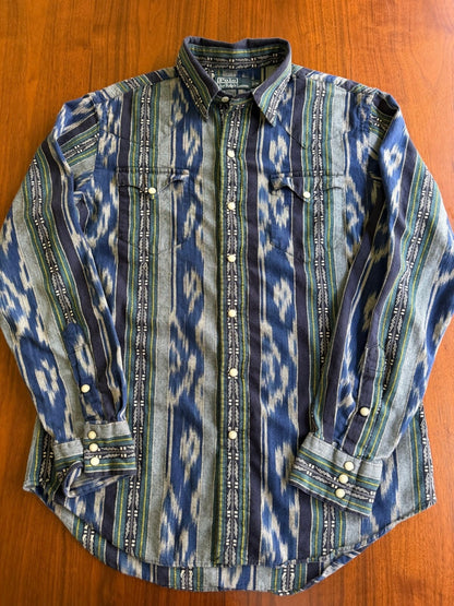 Polo by Ralph Lauren Men's Western Ikat Blue Patterned Button-Up Shirt - Size M