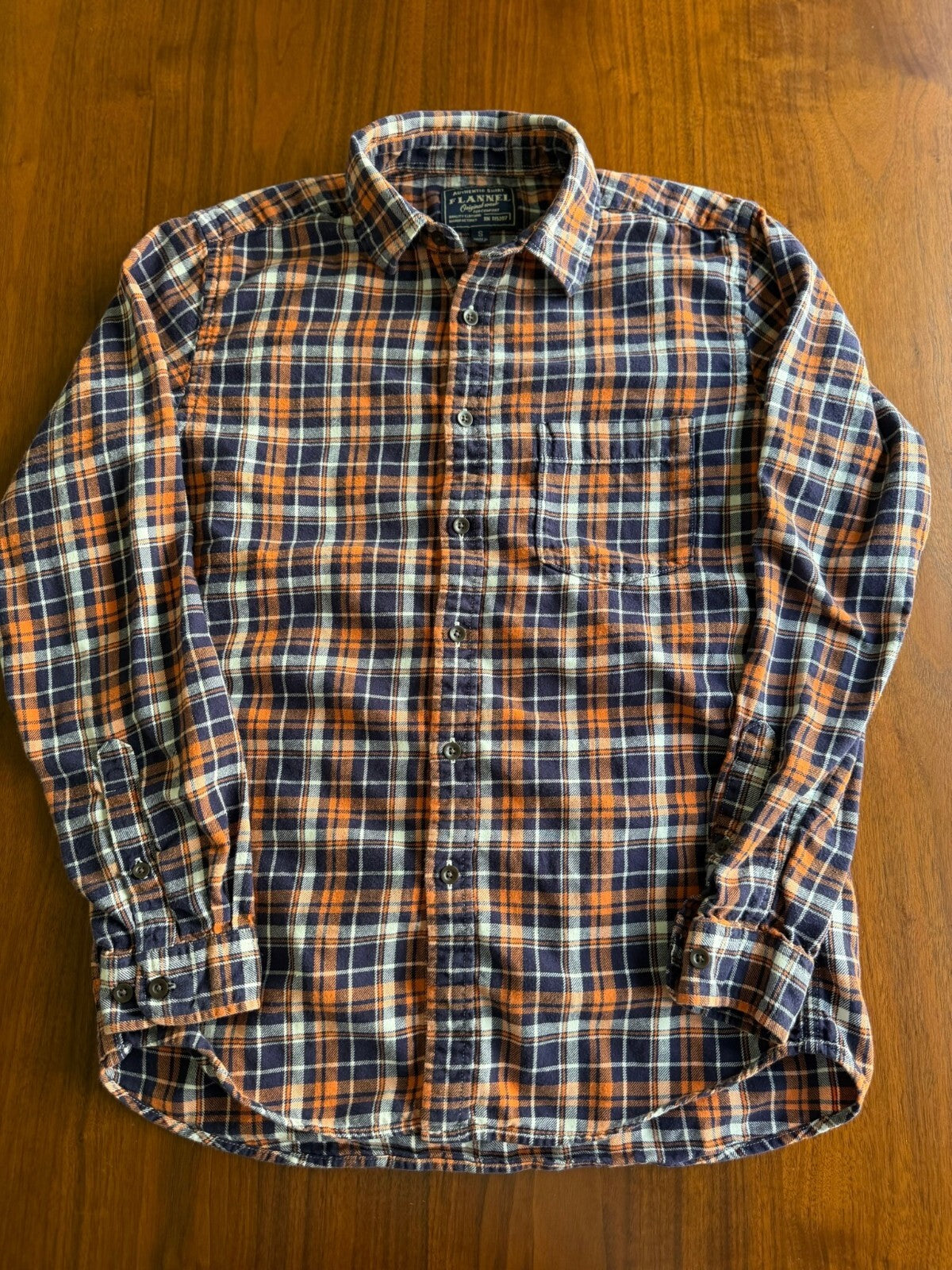 Flannel Authentic Shirt Original Wash Orange & Blue Plaid Button-Up - Size S