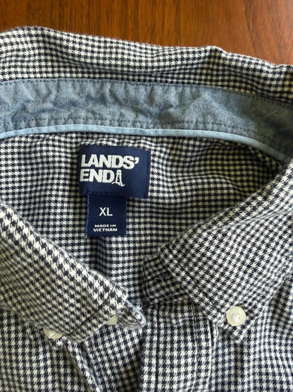 Lands' End Men's Navy and White Houndstooth Button-Down Shirt - Size XL