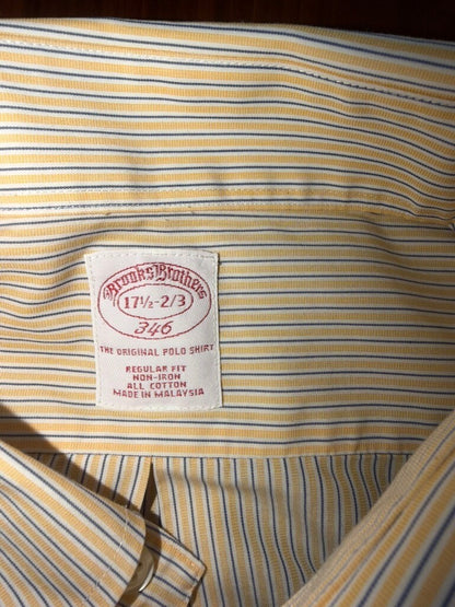 Brooks Brothers Men's Dress Shirt Yellow w/Blue Stripes - Size 17.5-32/33