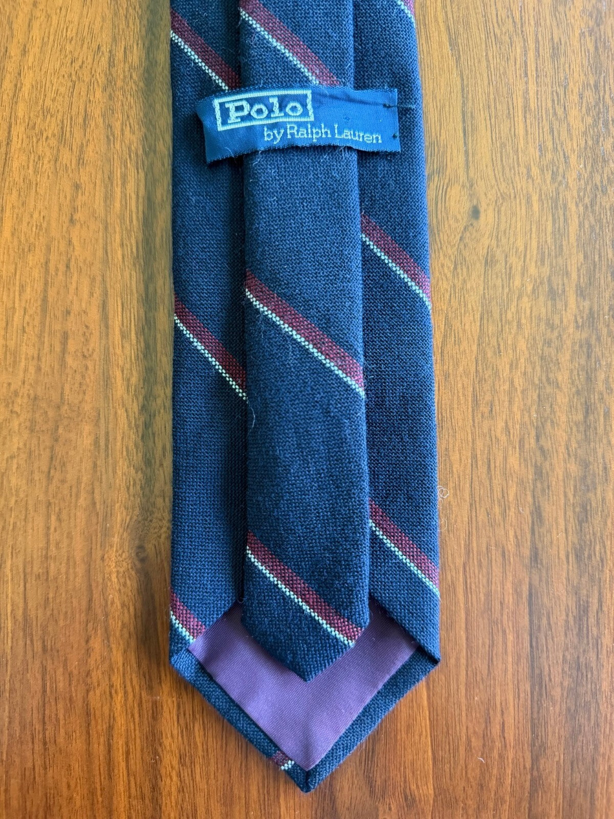 Polo by Ralph Lauren Classic Navy Blue w/ Burgundy & White Striped Neck Tie