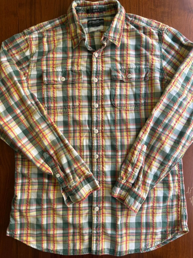 Eddie Bauer Men's Green/Yellow/Orange Plaid Flannel Button-Down Shirt - Size LT