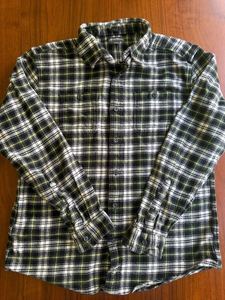 Eddie Bauer Men's Tartan Black Plaid Flannel Button-Down Shirt - Size L