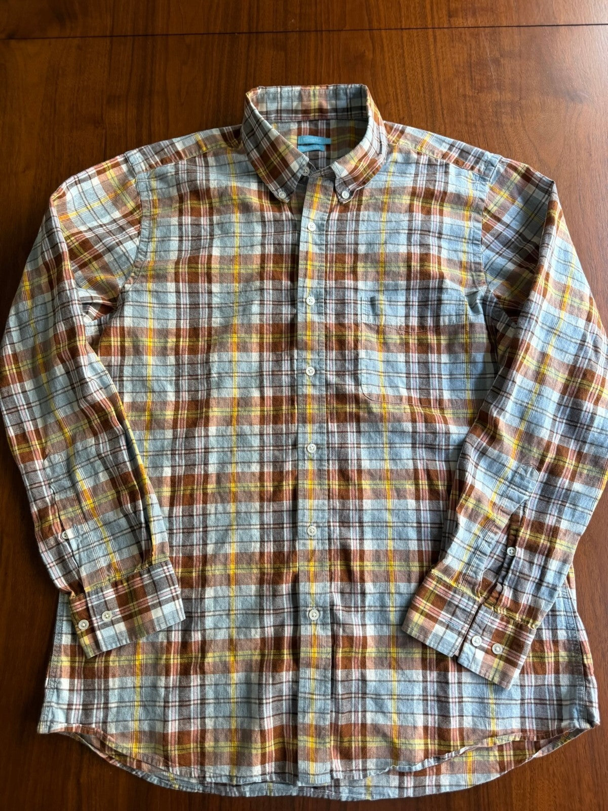 J.McLaughlin Men's Slim Fit Blue & Brown Plaid Button-Down Shirt - Size L