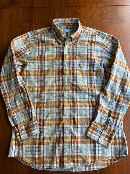 J.McLaughlin Men's Slim Fit Blue & Brown Plaid Button-Down Shirt - Size L