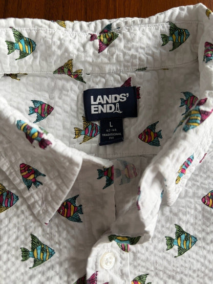 Lands' End Men's Short Sleeve Button-Up Shirt w/Colorful Fish Print - Size L