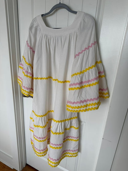 Lisa Marie Fernandez White Dress with Yellow & Pink Bric Brac Trim - Size XS