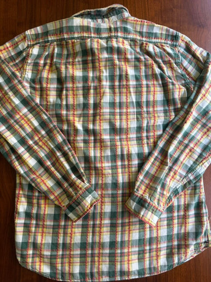 Eddie Bauer Men's Green/Yellow/Orange Plaid Flannel Button-Down Shirt - Size LT