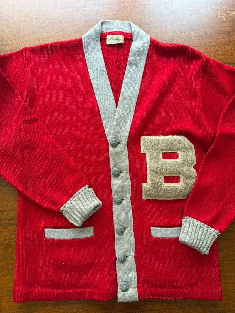 Vintage Lanza Red Wool Varsity Letterman Cardigan Sweater w/Grey Trim - Size M