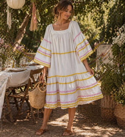 Lisa Marie Fernandez White Dress with Black Bric Brac Trim - Size S