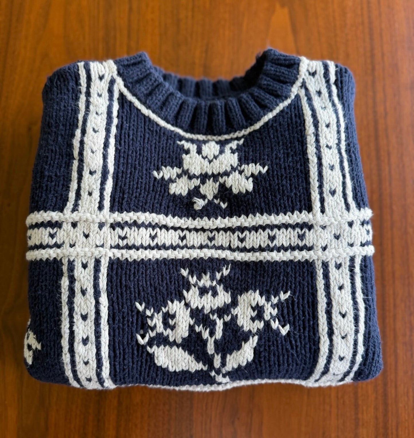 Lizsport Women's Navy & White Knit Sweater with Floral Pattern - Size M
