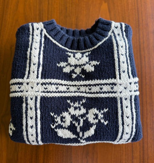 Lizsport Women's Navy & White Knit Sweater with Floral Pattern - Size M