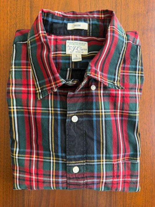 J.Crew Slim Fit Secret Wash Organic Cotton Black Tartan Plaid Shirt - Size L