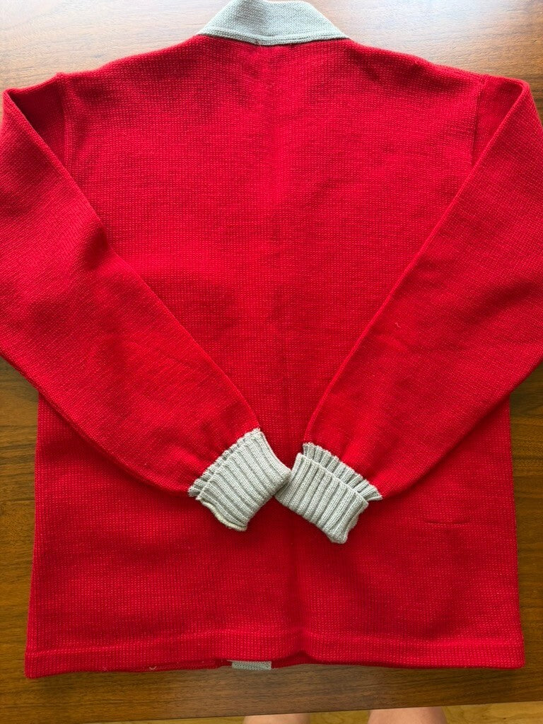 Vintage Lanza Red Wool Varsity Letterman Cardigan Sweater w/Grey Trim - Size M