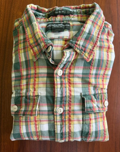 Eddie Bauer Men's Green/Yellow/Orange Plaid Flannel Button-Down Shirt - Size LT