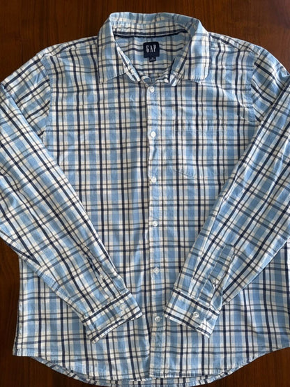 GAP Men's Blue & White Plaid Button-Down Long Sleeve Shirt - Size XL