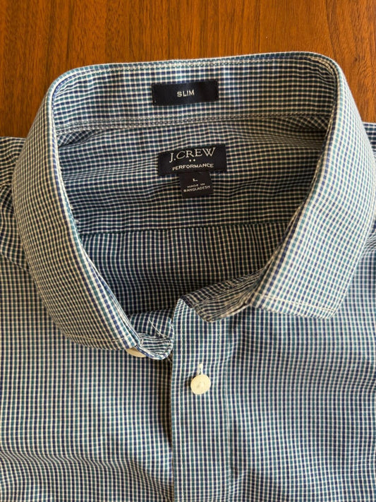 J.Crew Men's Slim Fit Blue Micro Gingham Long Sleeve Button Down Shirt - Size L
