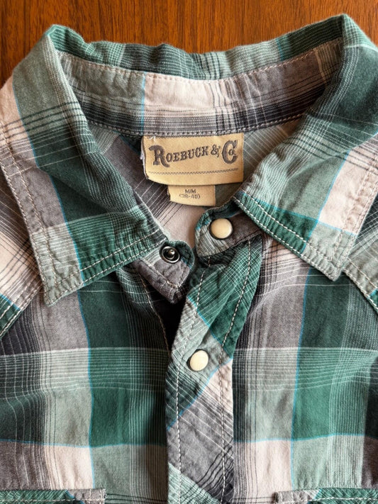 Roebuck & Co Green Plaid Pearl Snap Short Sleeve Western Shirt - Size M