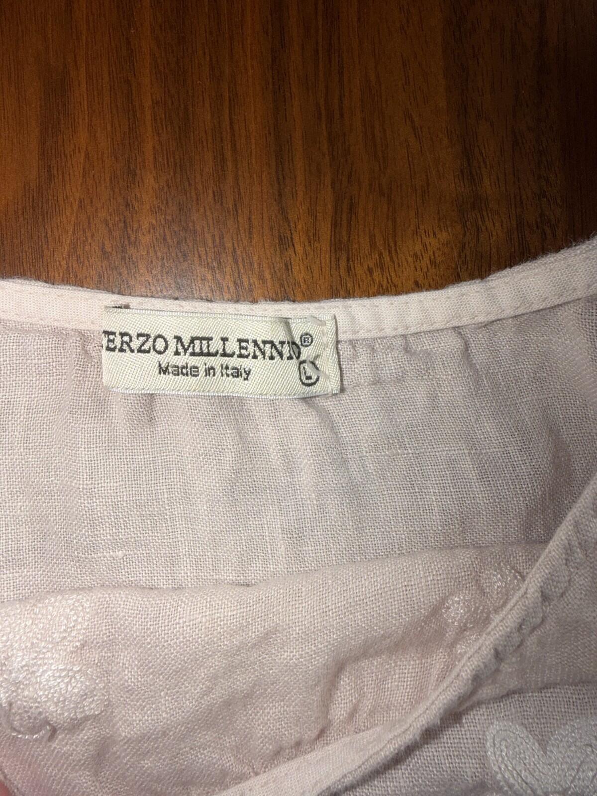 Terzo Millenio Pink Floral Embroidered Linen High-Low Top - Size L