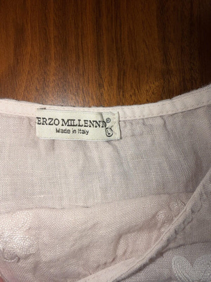 Terzo Millenio Pink Floral Embroidered Linen High-Low Top - Size L