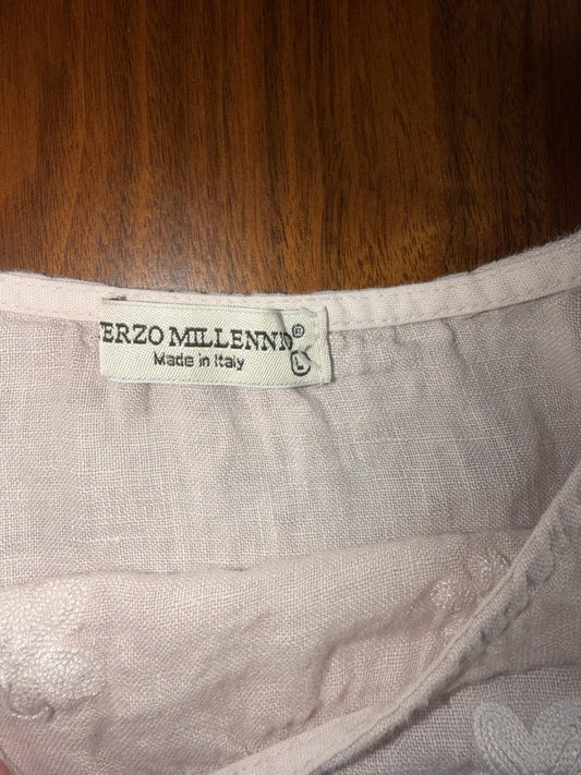 Terzo Millenio Pink Floral Embroidered Linen High-Low Top - Size L