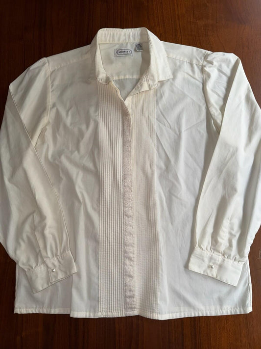 Vintage Mr. Witt Women's Pleated Cotton Blend Button Down Blouse Ivory - Size 14