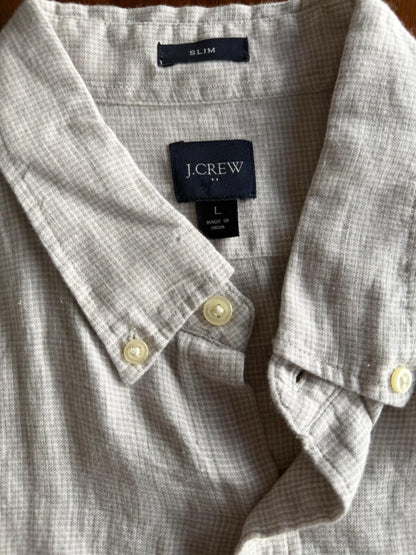 J.Crew Slim Fit Grey Linen-Cotton Micro-Check Button Down Shirt - Size L