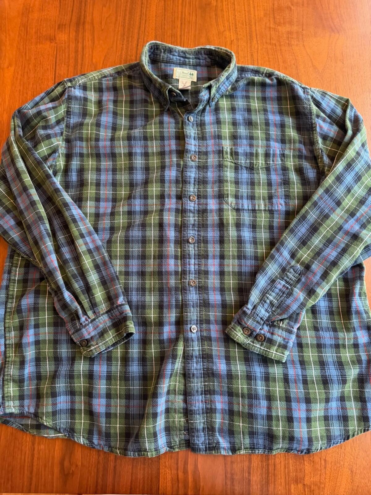 Vintage L.L.Bean Mens Long Sleeve Plaid Blue & Green Flannel Button Down Shirt - Size XL