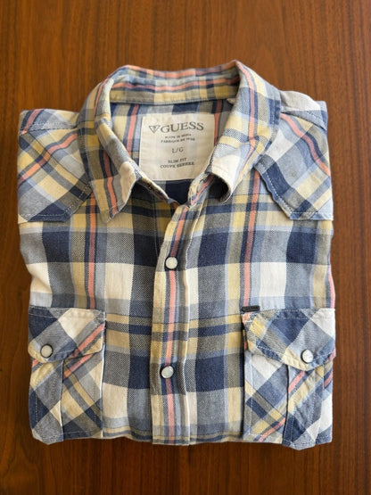 GUESS Men's Slim Fit Plaid Pearl Snap Blue & Yellow Western Shirt - Size L
