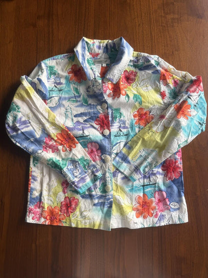 Coldwater Creek Women's Nautical Floral Watercolor Print Button-Up - Size S
