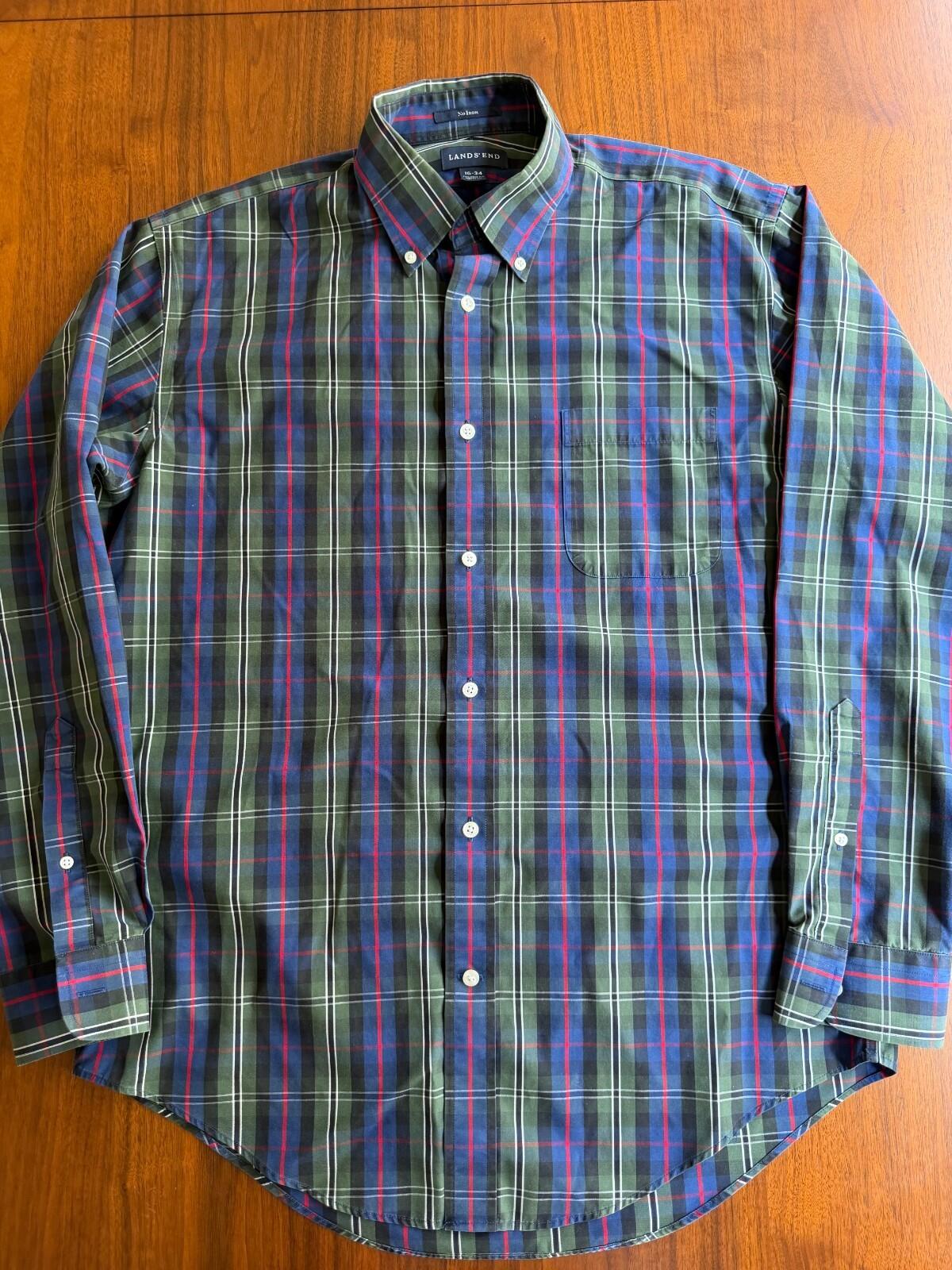 Lands' End No Iron Tailored Fit Plaid Dress Shirt 16-34 Green Navy Red Tartan