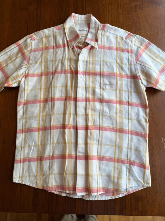 Pepe Jeans London Men's Check Mesh Plaid Short Sleeve Button Down - Size M