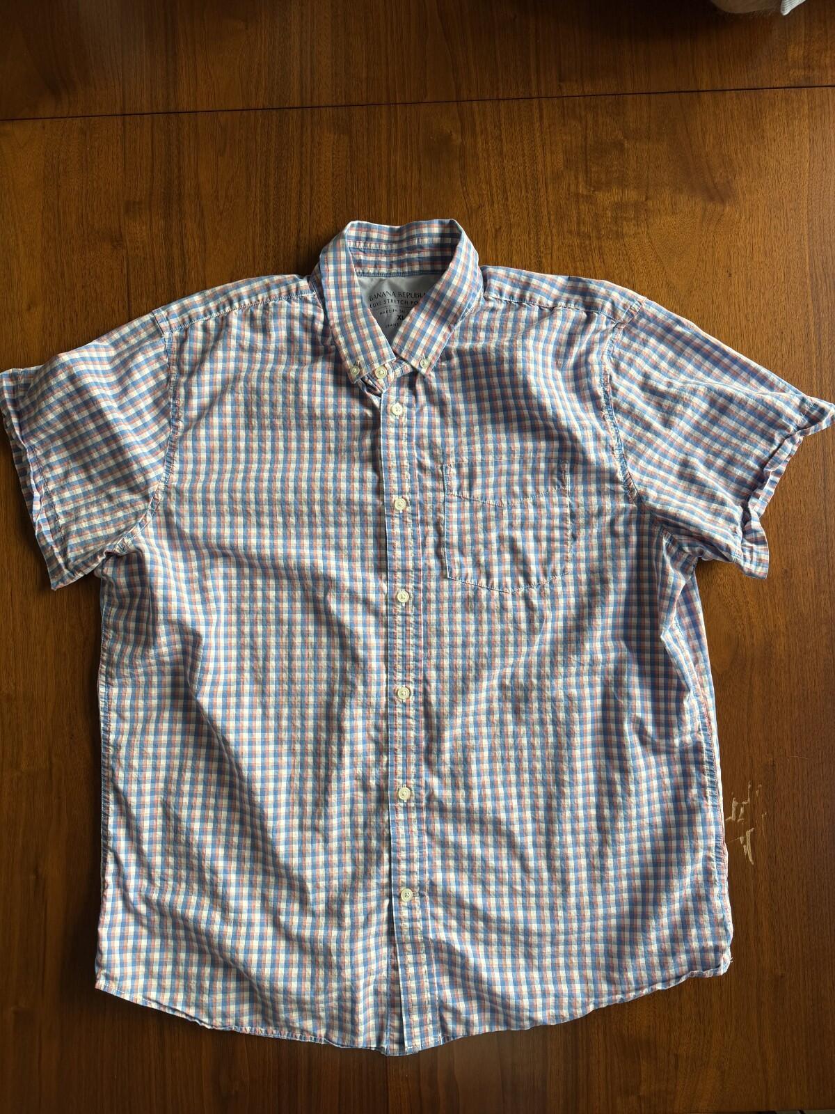 Banana Republic Men's Stretch Poplin Slim Fit Pink/Blue SS Button Down - Size XL