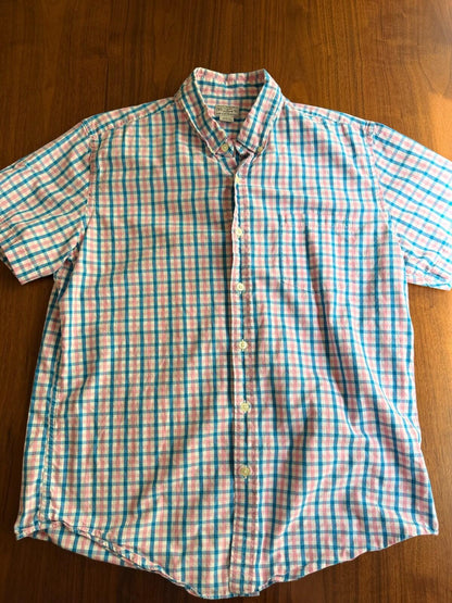 J.Crew Men's Large Short Sleeve Button-Down Shirt Pink & Blue Plaid L