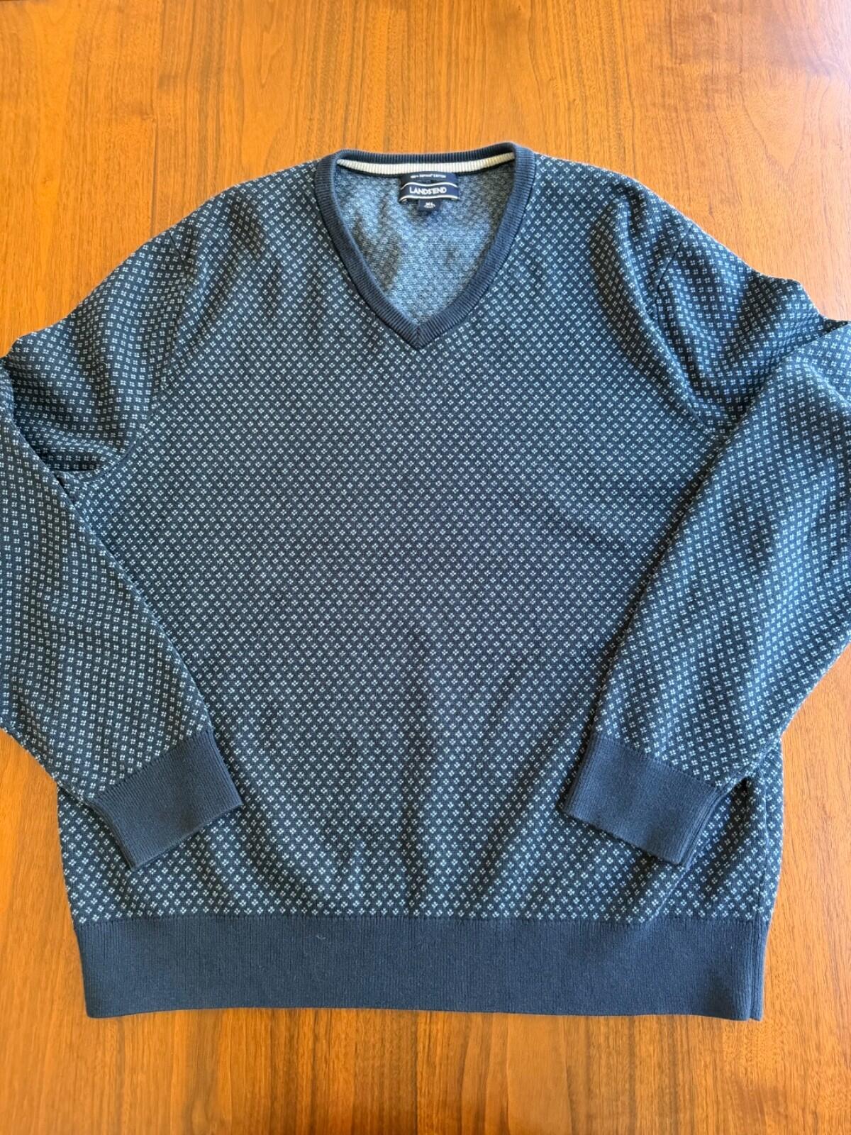 Lands' End Men's Navy Blue 100% Supima Patterned V-Neck Sweater - Size XL