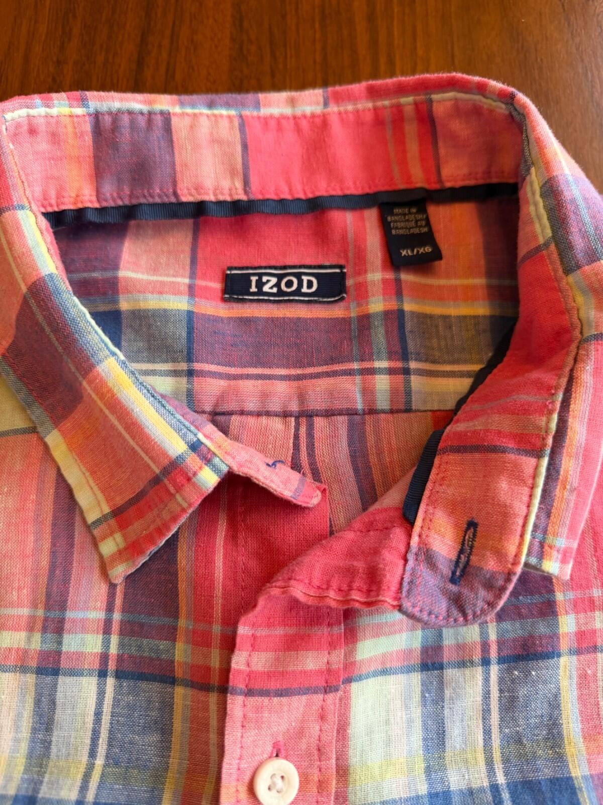 IZOD Men's Pink & Blue Plaid Madras Short Sleeve Button Down Shirt - Size XL