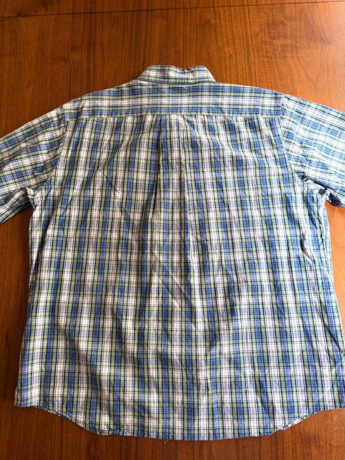 Lands' End Men's Blue & Green Plaid Short Sleeve Button Down Shirt - Size L