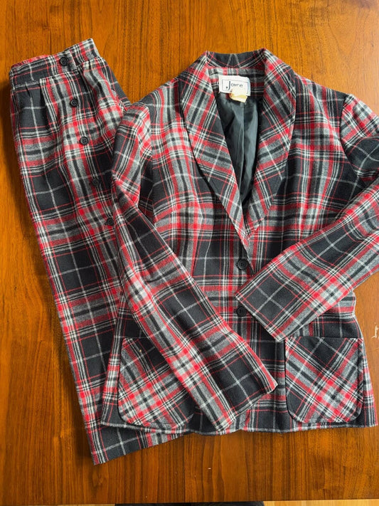 Vintage Joyce Sportwear 2Piece Red & Black Tartan Plaid Skirt Suit Set- Size M
