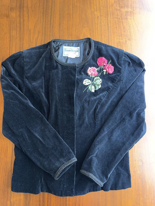Vintage Donna Morgan Black Velvet Embroidered Rose Jacket - Size 9/10
