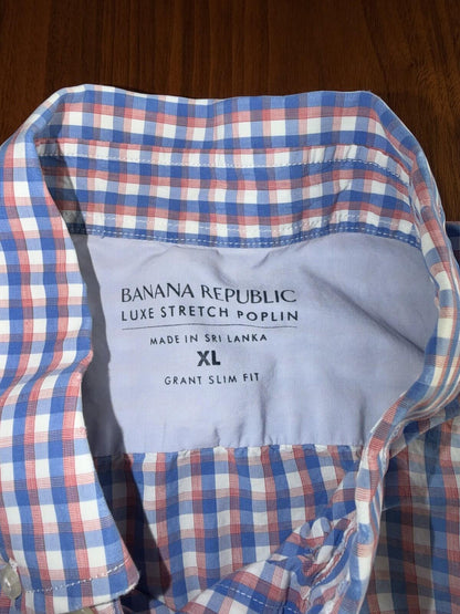 Banana Republic Men's Stretch Poplin Slim Fit Pink/Blue SS Button Down - Size XL