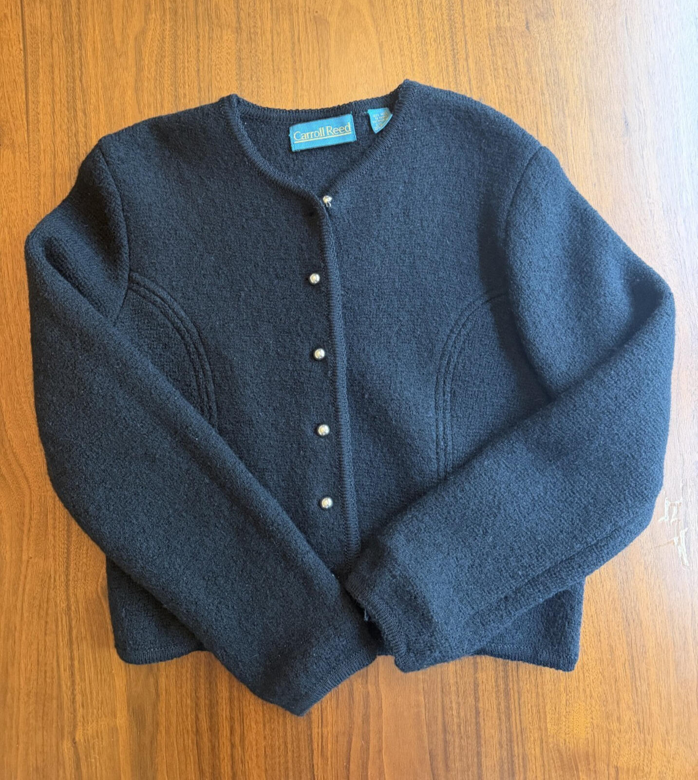 Vintage Carroll Reed Women's Black 100% Boiled Wool Cardigan Sweater - Size 8