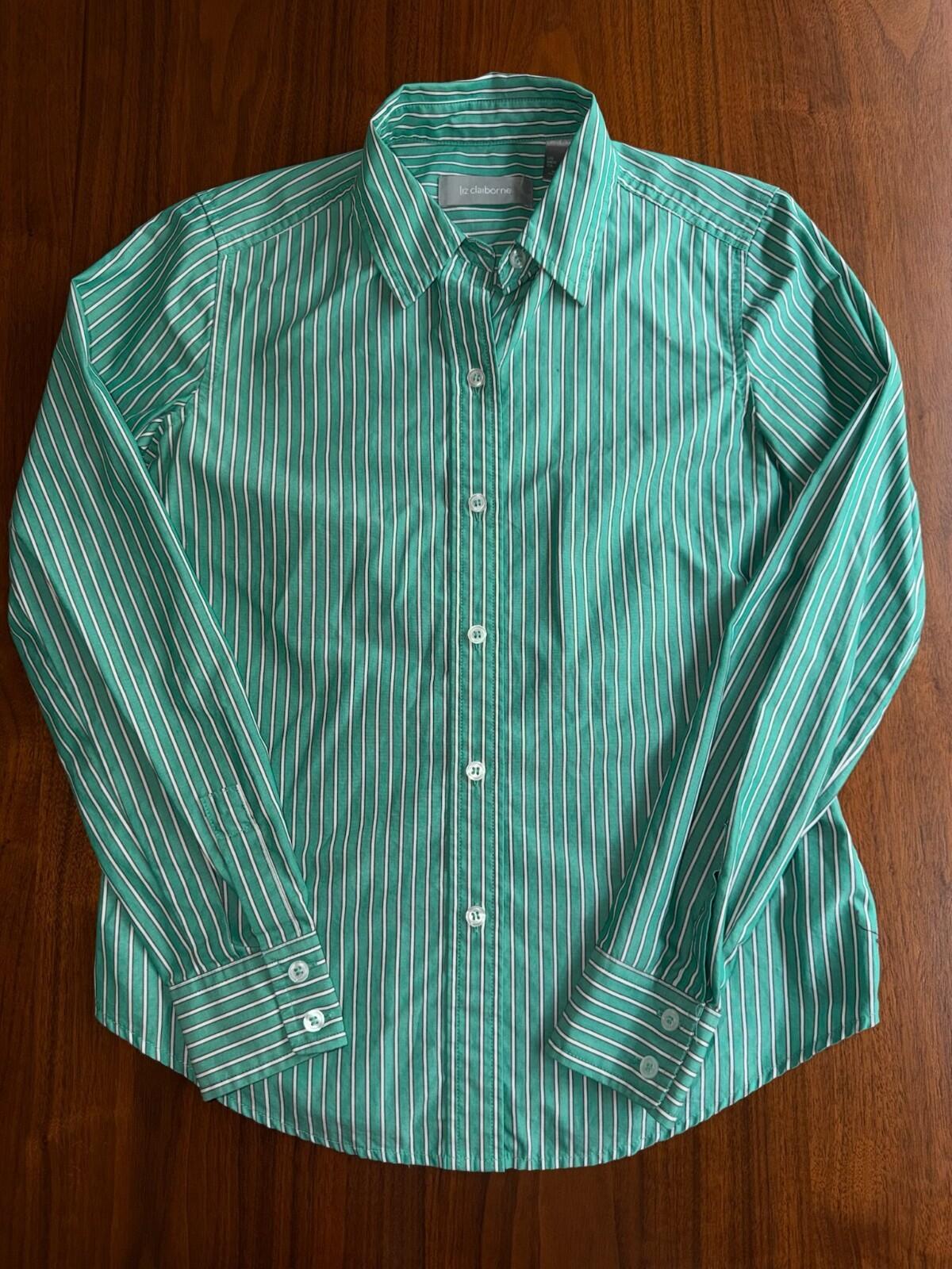 Liz Claiborne Women's Cotton Striped LS Button Up Green & White  - Size XS