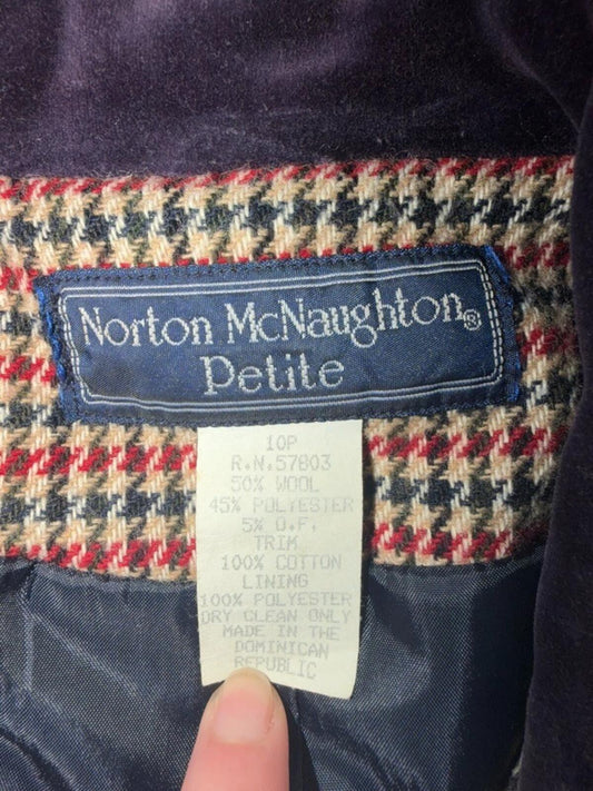 Vintage Norton McNaughton Petite Houndstooth Wool Blend Blazer w/Velvet Collar -