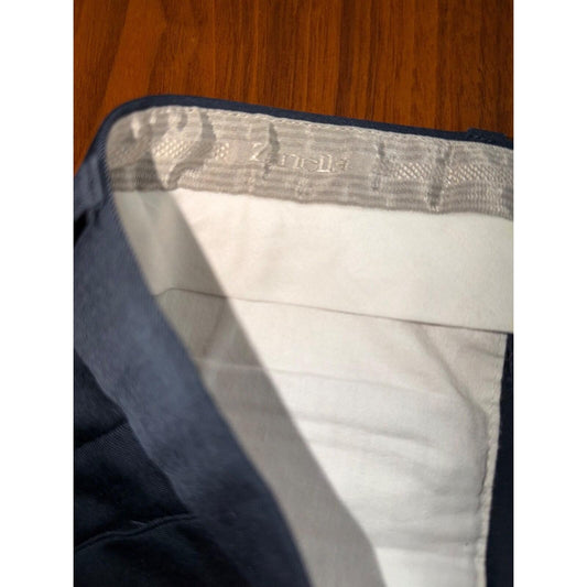 Zanella Men's Navy Pleated Wool Dress Pants with Cuffed Hem - Size 34