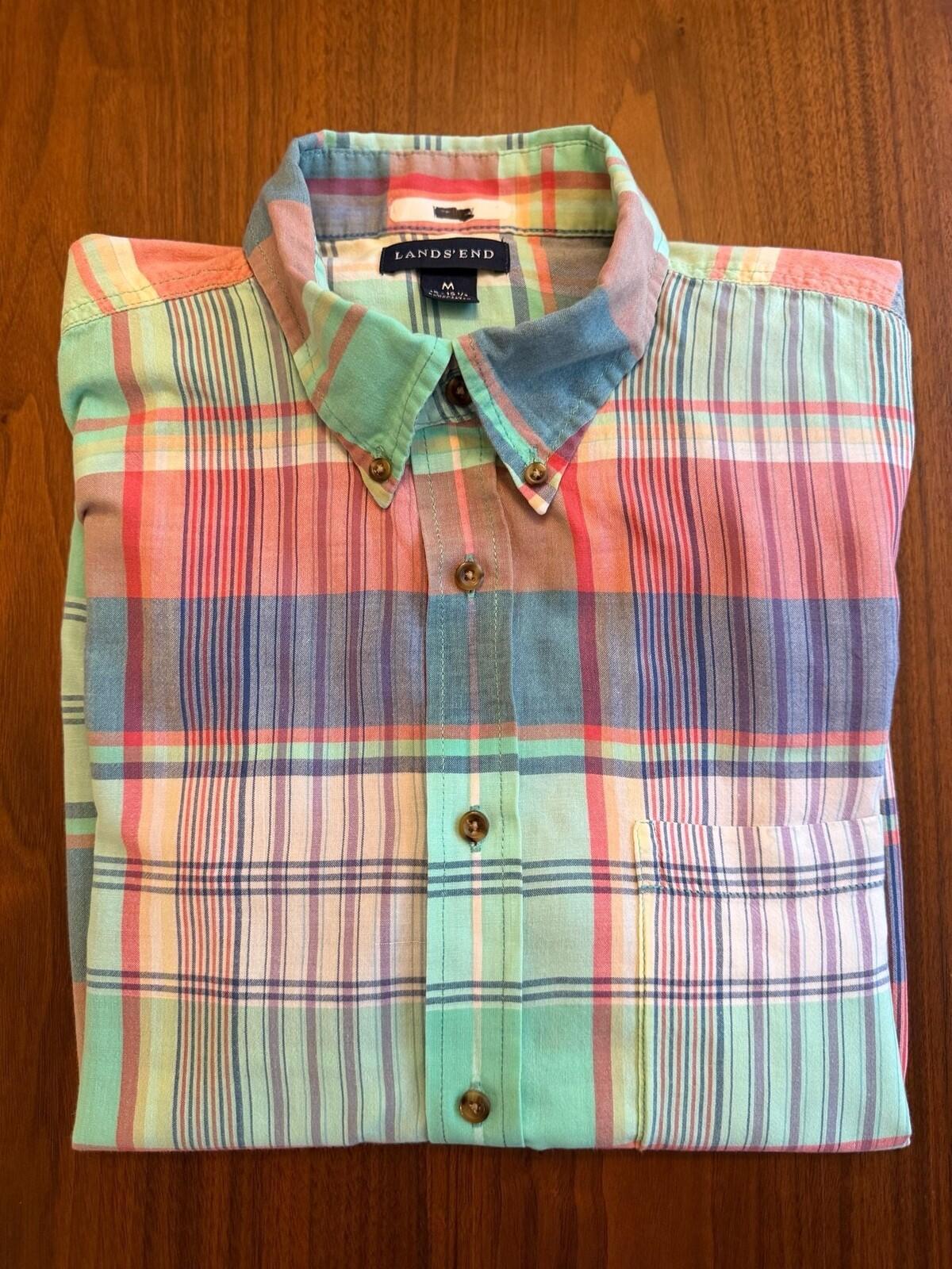 Lands' End Men's Short Sleeve Button Down Madras Pink Plaid Shirt - Size M
